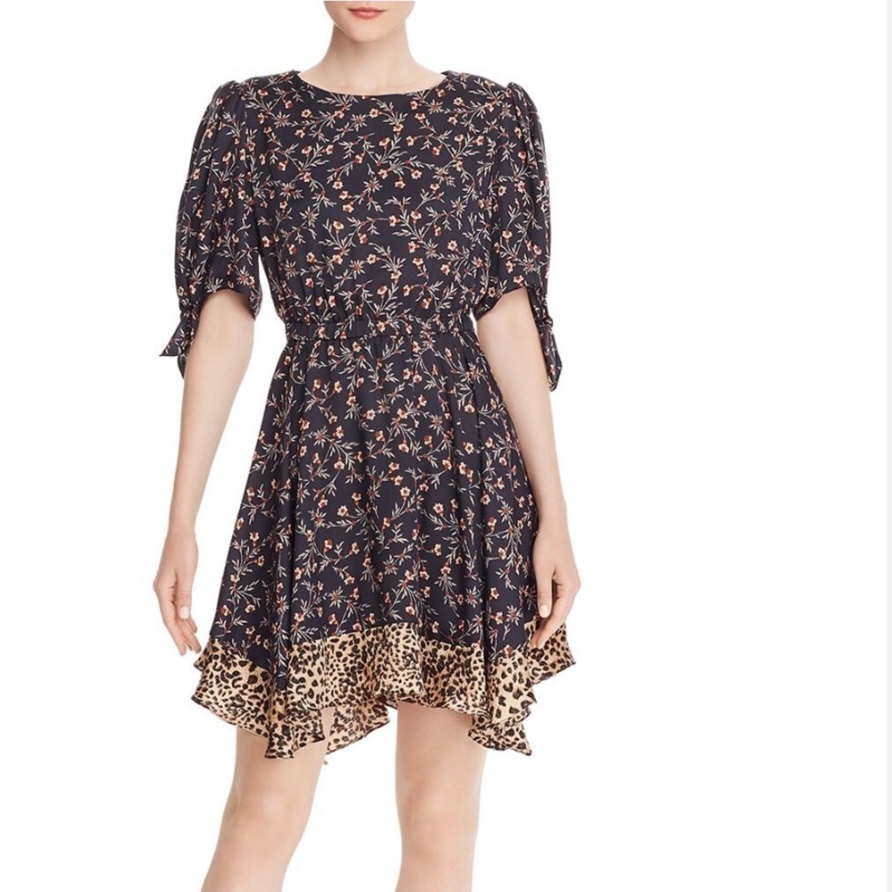 NWT Rebecca Taylor Lia Floral Silk Blend Dress Black Handkerchief Hem Sz L